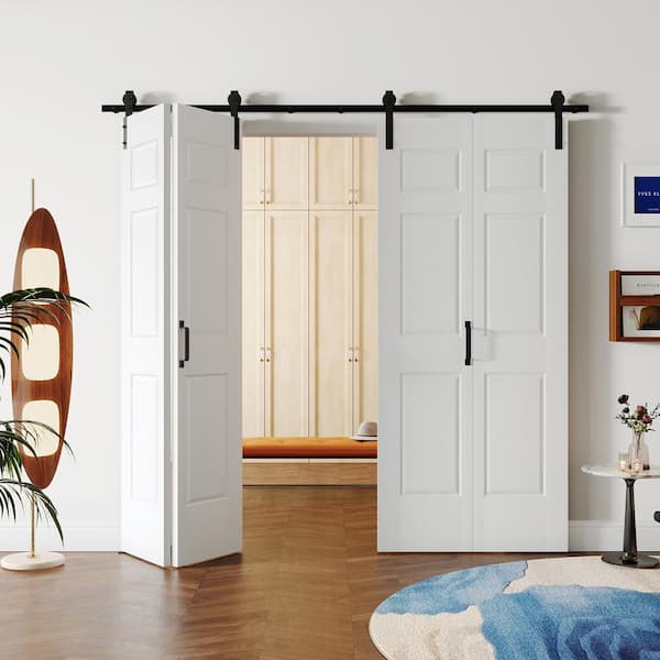 72 in. x 84 in. (Double 36 in. W Doors) White Finished, MDF, 6 Panel Bi-Fold Style Sliding Barn Door with Hardware Kit
