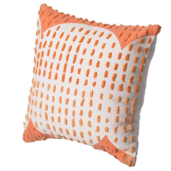 16 in. x 16 in. Coral Handwoven Cotton Throw Pillow Cover with Ribbed Line Dots and Wave Border with Filler