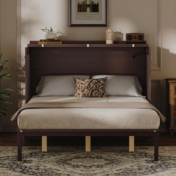 Elix Modern Coffee Brown Wood Frame Queen Size Murphy Bed Cabinet with Drawers Plus USB Charging Station