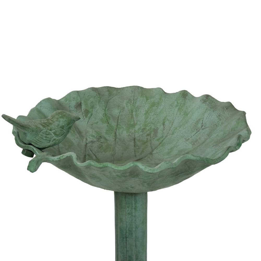 Green Patina Cast Aluminum Leaf Bird Bath with Metal Sculpture
