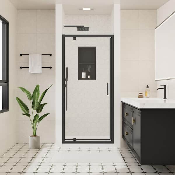 28 to 29.5 in. W x 72 in. H Framed Reversible Pivot Shower Door in Matte Black with Nano-Coated Tempered Glass