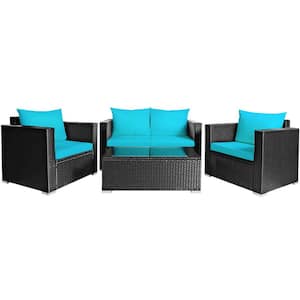 4-Piece Wicker Rattan Patio Conversation Set with Turquoise Cushions