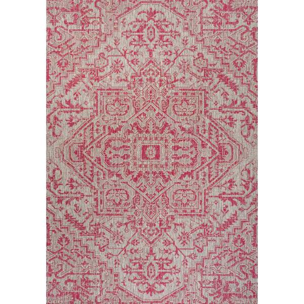 Estrella Bohemian Medallion Textured Weave Light Gray/Fuchsia 3 ft. x 5 ft. Indoor/Outdoor Area Rug