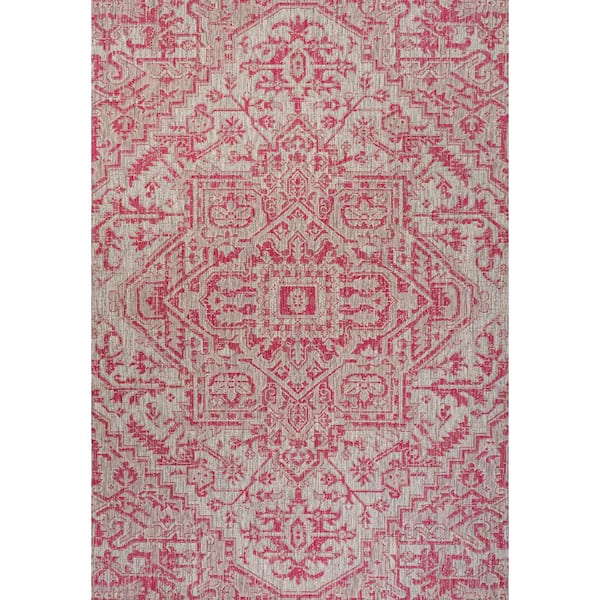 Estrella Bohemian Medallion Textured Weave Light Gray/Fuchsia 8 ft. x 10 ft. Indoor/Outdoor Area Rug