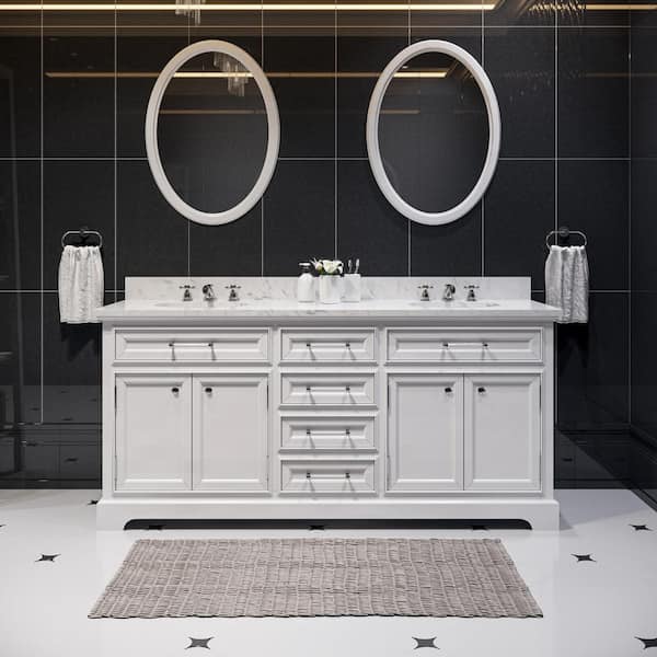 Water Creation 72 in. W x 22 in. D Bath Vanity in White with Marble Vanity Top in Carrara White and Chrome Faucet with White Basin