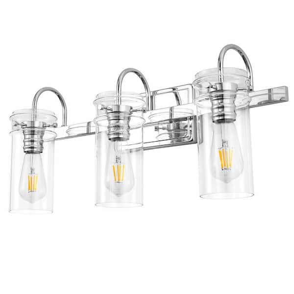 24 in. 3-Light Chrome Bathroom Vanity Light Wall Sconce with Clear Glass Shades for Vanity Powder Room Dressing Room