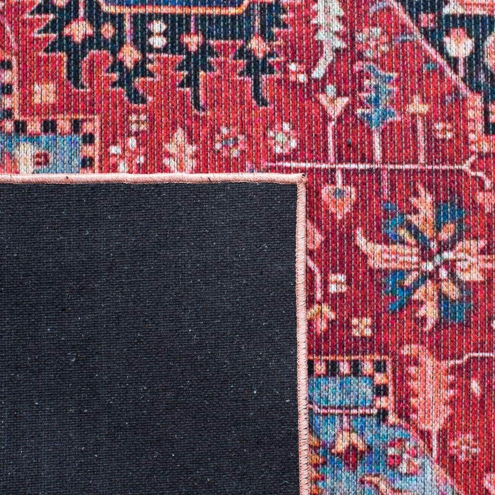 Serapi Red and Blue Square Machine Washable Rug