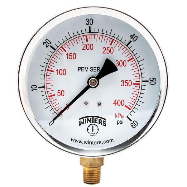 Winters Instruments PEM Series 4 in. Black Steel Case Brass Internals Pressure Gauge with 1/4 in. NPT LM and Range of 0-60 psi/kPa