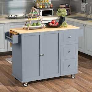 52.7 Inch Width, Rolling Mobile Blue Kitchen Cart with Solid Wood Top and Locking Wheels, Storage Cabinet of 3-Drawers