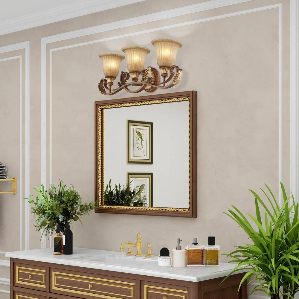 Villa Verona Bronze 3-Light Vanity with Aged Gold Leaf Accents