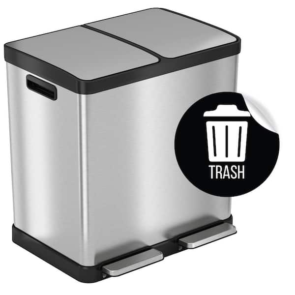 16 Gal Stainless Steel Rectangular Metal Household Trash Can and Recycle Bin, Trash Sticker, and Dual Odor Filters