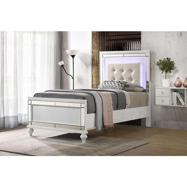 NEW CLASSIC HOME FURNISHINGS New Classic Furniture Valentino White Wood Frame Twin Panel Bed with Lighted Headboard