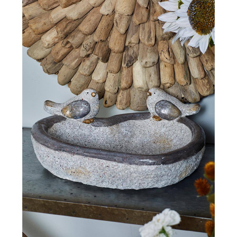 Gray Polystone Bird Garden Sculpture with Bath Bowl