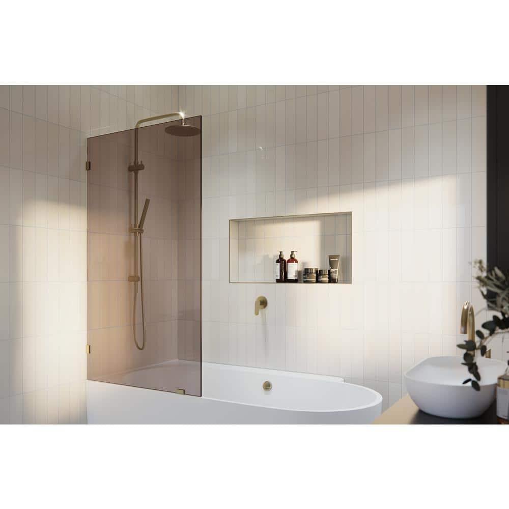 Glass Warehouse Ursa 34 in. W x 58.25 in. H Single Fixed Panel Frameless Bathtub Door in Brushed Bronze with Tinted Tempered Glass -  BTBF-34-BB