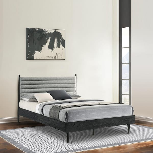 Armen Living Artemio Black Wood Frame Queen Platform Bed with Upholstered Headboard