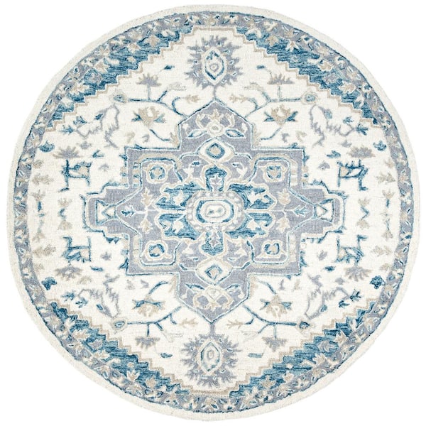 SAFAVIEH Micro-Loop Ivory/Navy 5 ft. x 5 ft. FloralMedallion Round Area Rug