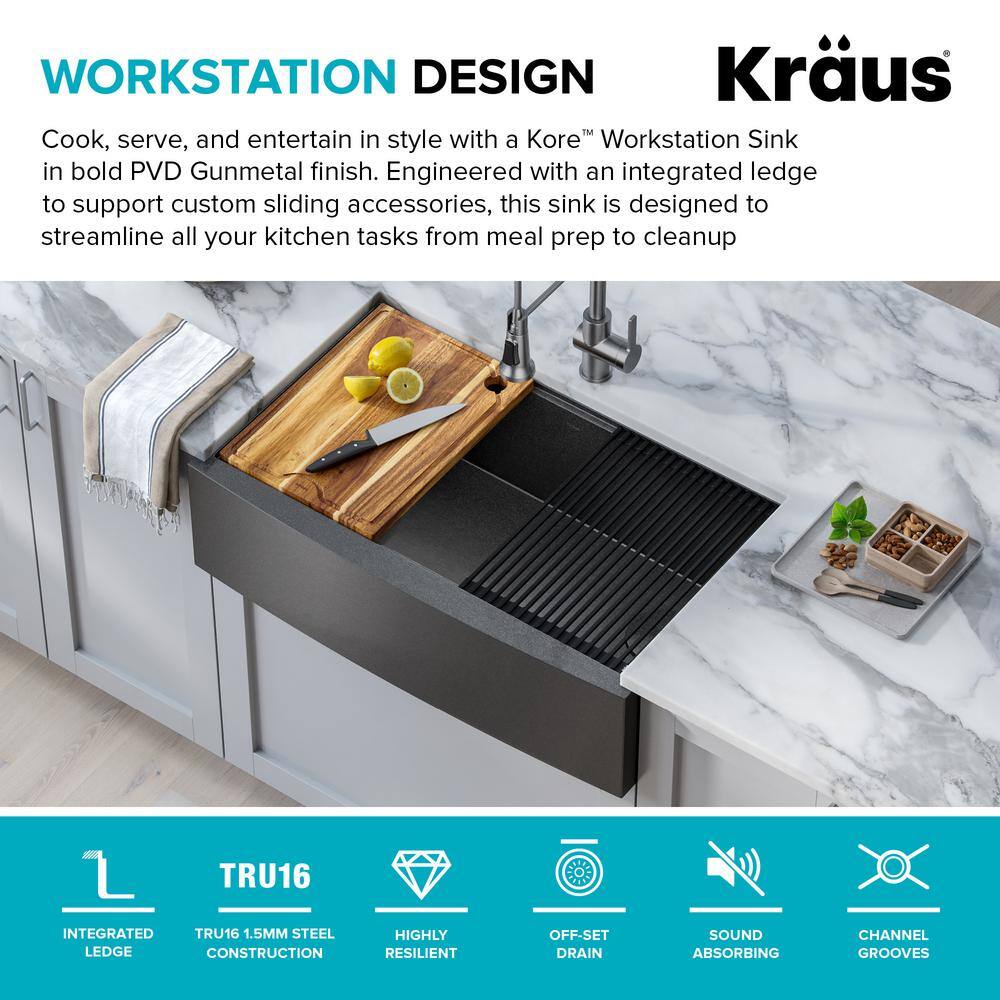 Kore 33" Gunmetal Stainless Steel Farmhouse Sink with Accessories