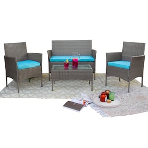 4-Piece Wicker Outdoor Patio Set Sofa Chair with Table Set Cushion Seat Aqua/Gray