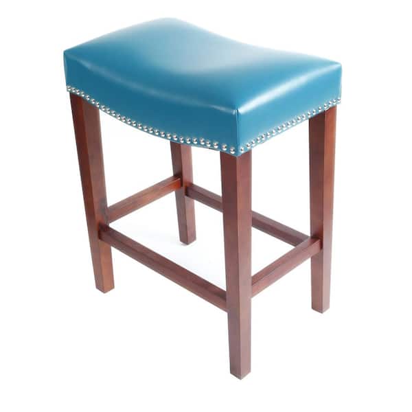 Donason 26.1 in. Blue Backless Wood Frame Bar Stool with Faux Leather Seat (Set of 2)