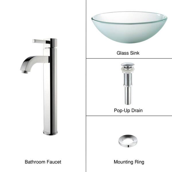 KRAUS Frosted Glass Vessel Sink in Clear with Single Hole Single-Handle High-Arc Ramus Faucet in Chrome