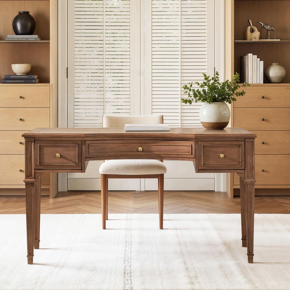 Dauphin 55" 3-Drawer Wood Executive Desk Brown Rubber Wood & Veneer
