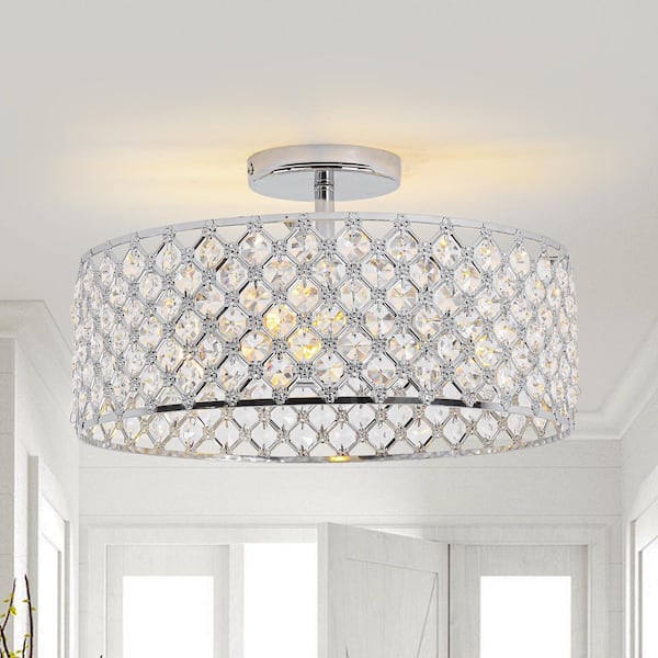 14.76 in. 3-Light Chrome Modern Semi-Flush Mount Ceiling Light with Crystal Shade
