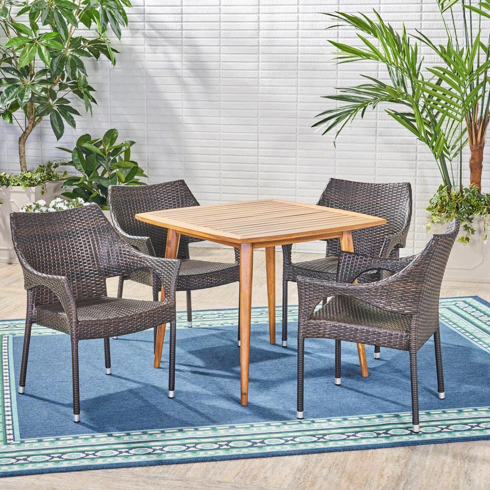 San Blas Multi-Brown 5-Piece Wood and Faux Rattan Outdoor Patio Dining Set -  Noble House, 42779