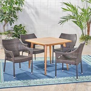 San Blas Multi-Brown 5-Piece Wood and Faux Rattan Outdoor Dining Set