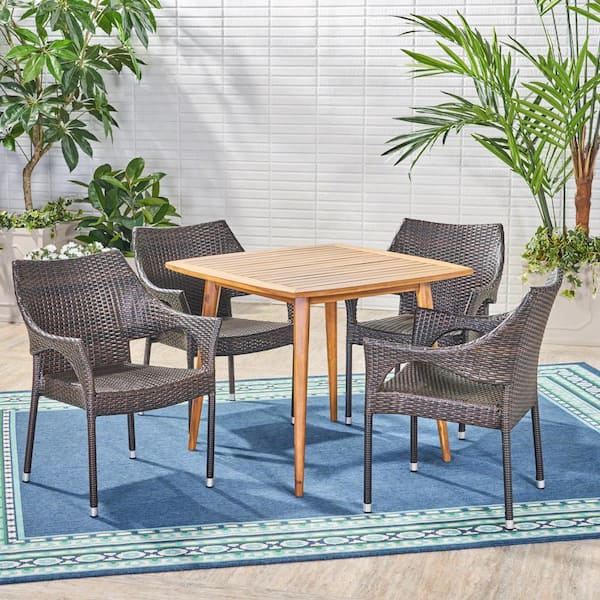 Noble House San Blas Multi-Brown 5-Piece Wood and Faux Rattan Outdoor Patio Dining Set