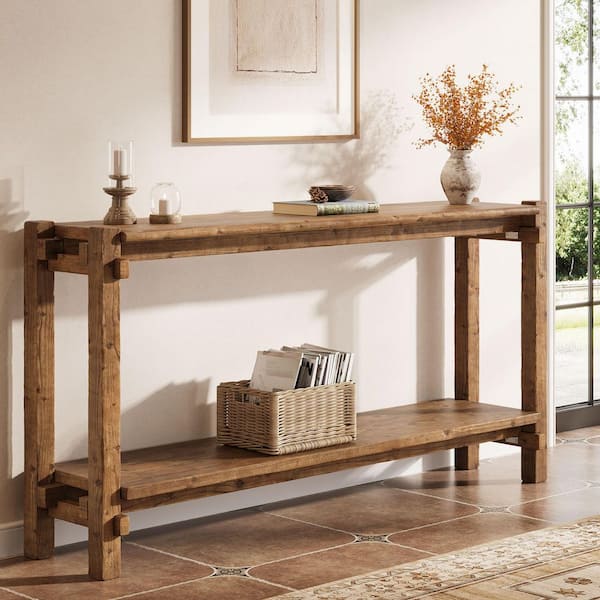 Turrella 63 in. Brown Rectangle Solid Wood Console Table with 2-Tier for Living Room