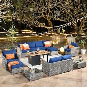 XIWD Gray 13-Piece Wicker Outerdoor Patio Storage Fire Pit Sectional Seating Set with Navy Blue Cushions