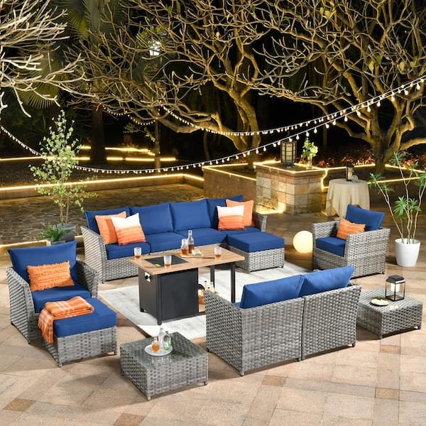 XIWD Gray 13-Piece Wicker Outerdoor Patio Storage Fire Pit Sectional Seating Set with Navy Blue Cushions