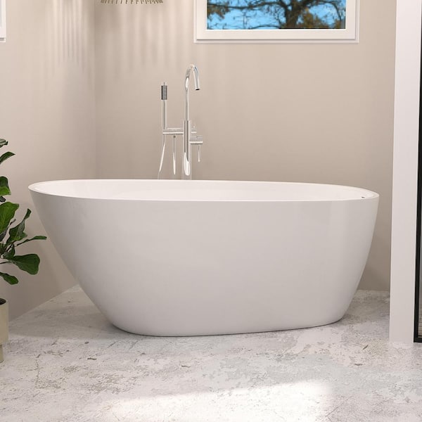 INSTER MUTE 59 in. White Acrylic Flatbottom Freestanding Non-Whirlpool Single Slipper Soaking Bathtub
