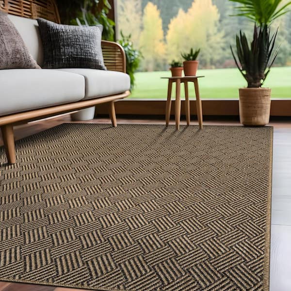 Natural 10 ft. x 14 ft. Solid Washable Modern Indoor Outdoor Area Rug
