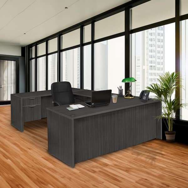 Legacy 71 in x 35 in. Ash Grey U Desk with Double Pedestal and 47 in. Bridge