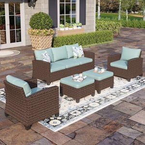 Brown Rattan Wicker 7 Seat 5-Piece Steel Outdoor Patio Conversation Set with Blue Cushions and 2 Ottomans