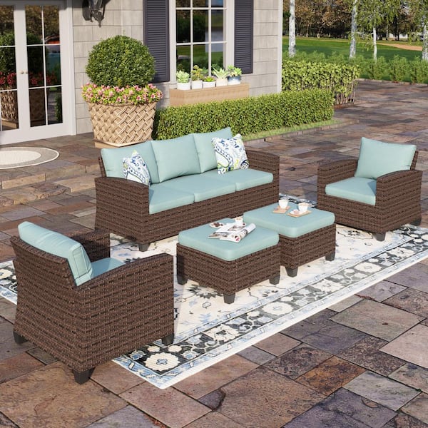 PHI VILLA Brown Rattan Wicker 7 Seat 5-Piece Steel Outdoor Patio Conversation Set with Blue Cushions and 2 Ottomans