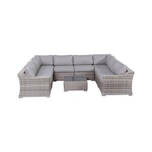 Assembled 6-Seater Gray 9-Piece PE Rattan and Plastic Wicker Outdoor Sectional Set with Cushion Guard Gray Cushions