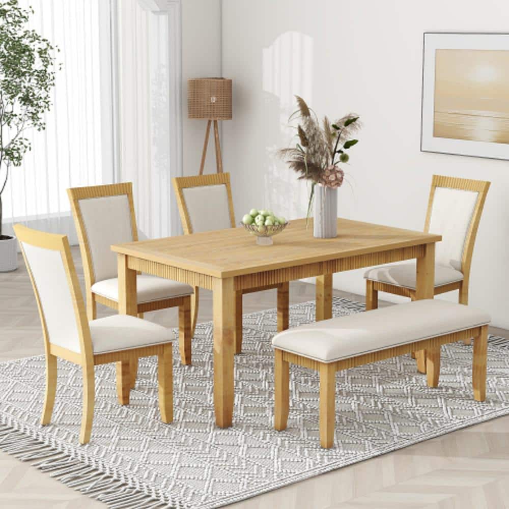 Natural 6-Piece Rustic Solid Wood Table Upholstered Chairs and Bench Outdoo