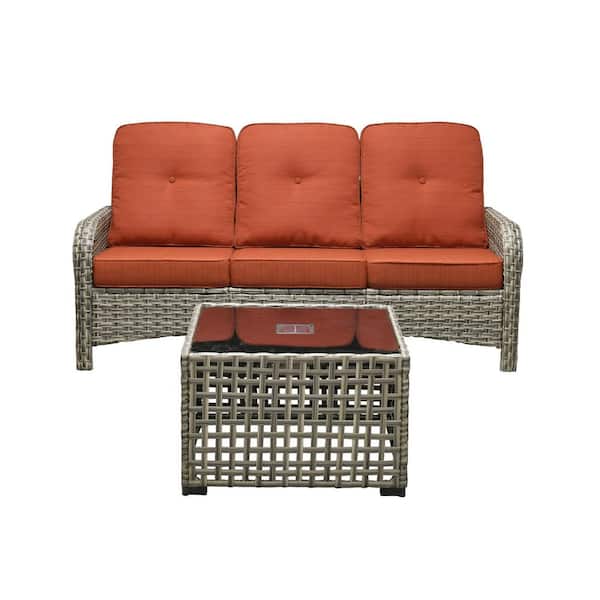 Canopy Reed Wicker Outdoor Couch Patio Sofa with Orange Red Cushions and Coffee Table