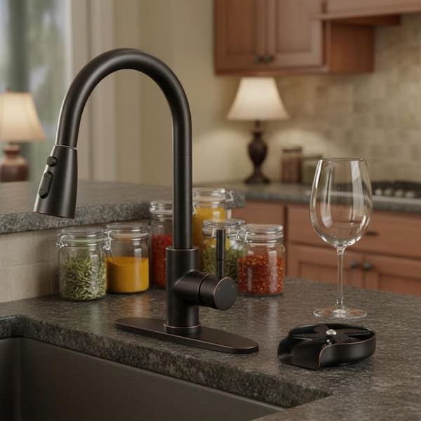 Stainless Steel Single Handle Pull Down Sprayer Kitchen Faucet with 3-Modes Sprayer and Glass Rinser Oil Rubbed Bronze