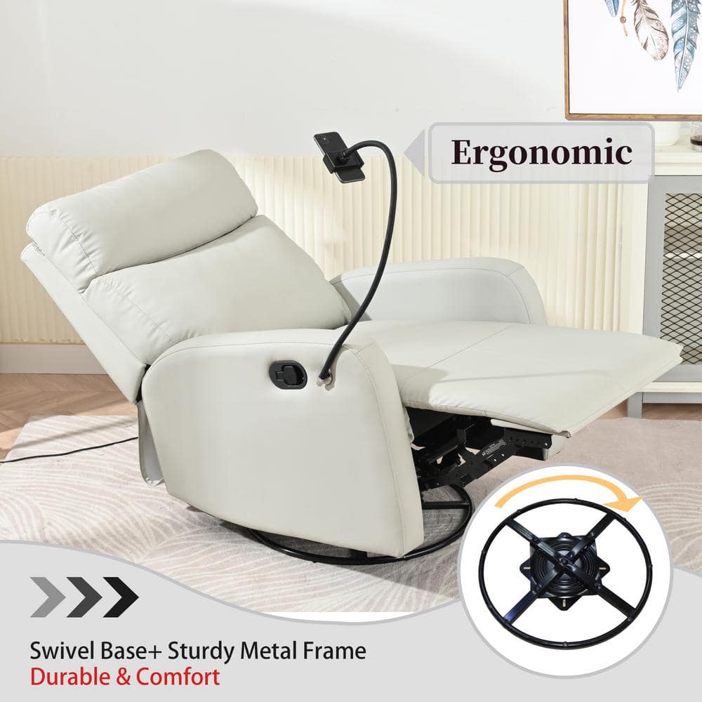 Light Gray Faux Leather Swivel Recliner with Metal Frame