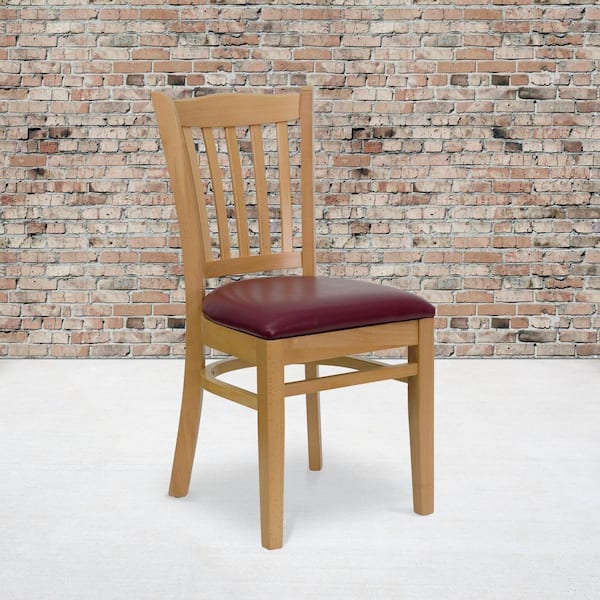 Hercules Series Natural Wood Vertical Slat Back Wooden Restaurant Chair with Burgundy Vinyl Seat