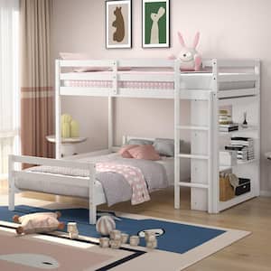 White Twin Over Twin Loft Bunk Bed Wood w/Bookcase Guardrail Ladder Kids Bedroom