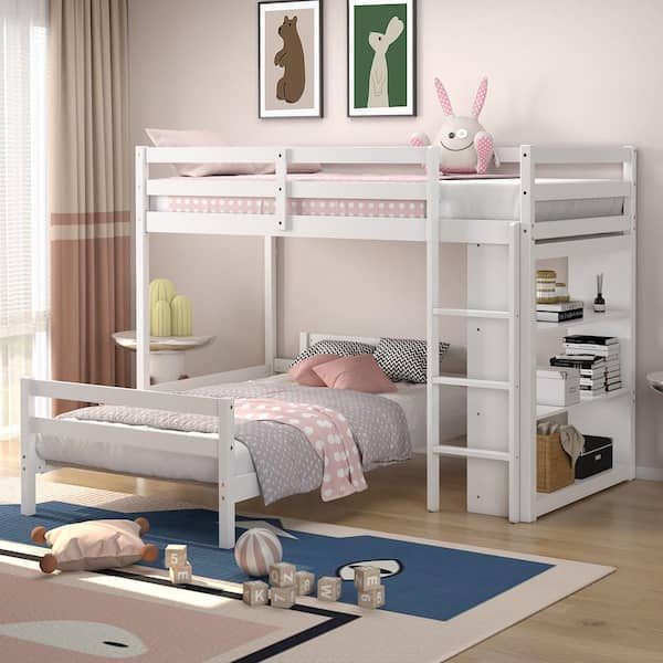 White Twin Over Twin Loft Bunk Bed Wood w/Bookcase Guardrail Ladder Kids Bedroom