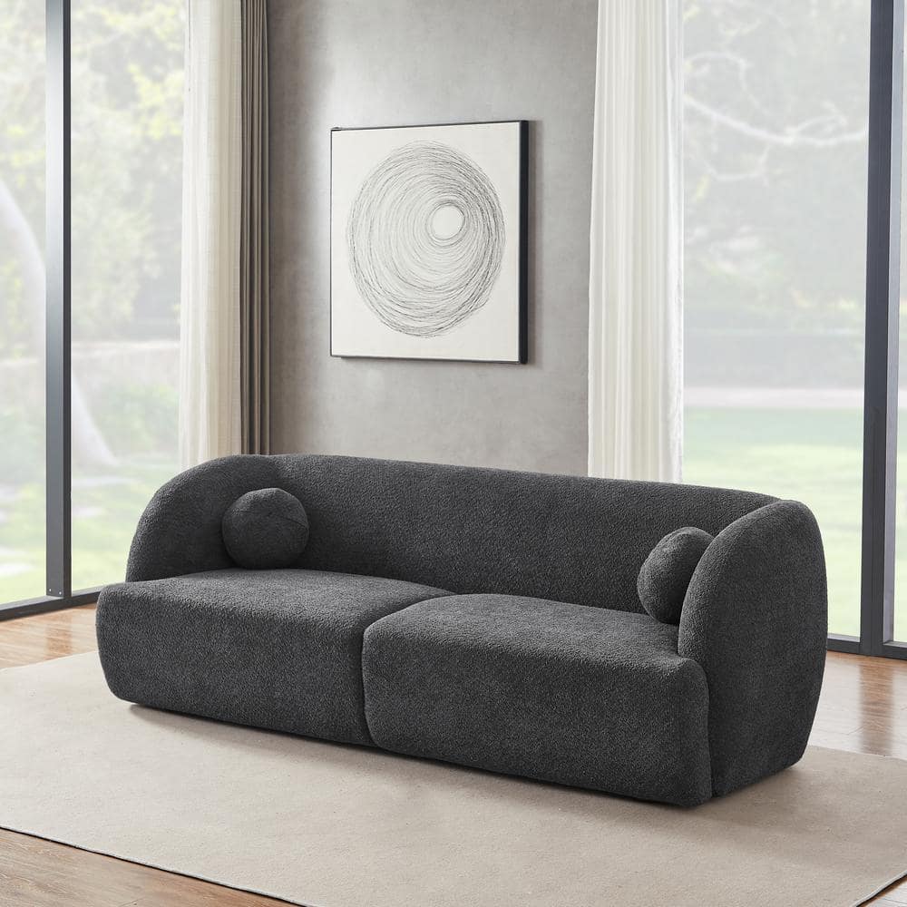 Gray Boucle Fabric Curved 3-Seat Sofa with Walnut Legs