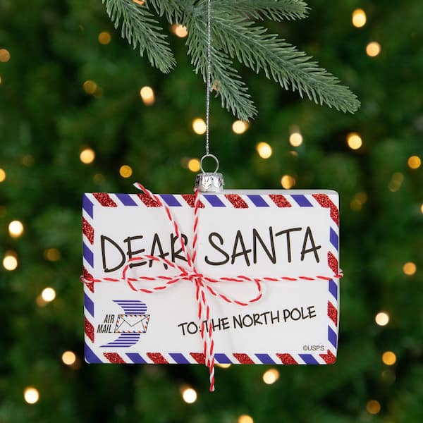 Northlight Envelope USPS "Dear Santa" with Stripes Glass Christmas Ornament-3.5 in. Red