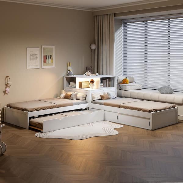White Wood Frame Twin Size L-Shaped Platform Bed with Trundle, LED Light, Built-in Desk, Slide-Door Cabinets