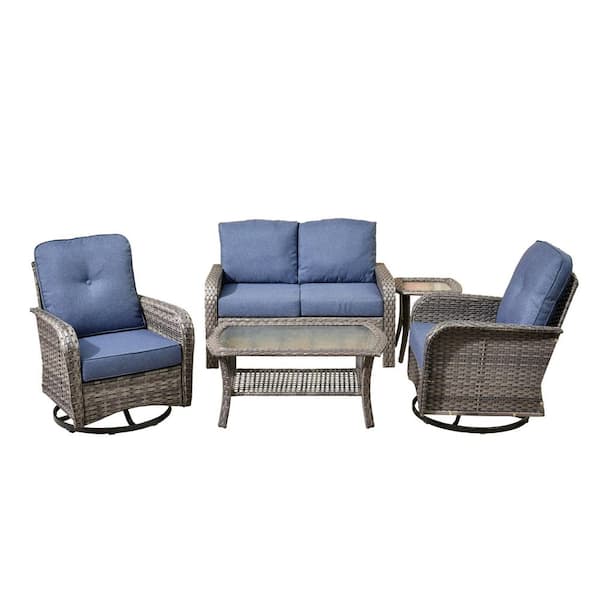 Ruby Grey 5-Piece Wicker Outdoor Furniture Patio Conversation Sofa Set with Swivel Chairs and Denim Blue Cushions