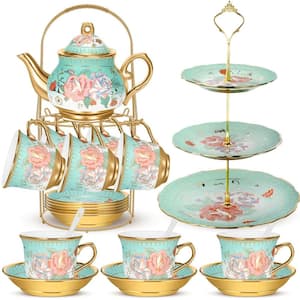 Numhew 21-Piece 6-Cup Blue Porcelain Tea Pot Set with Cups